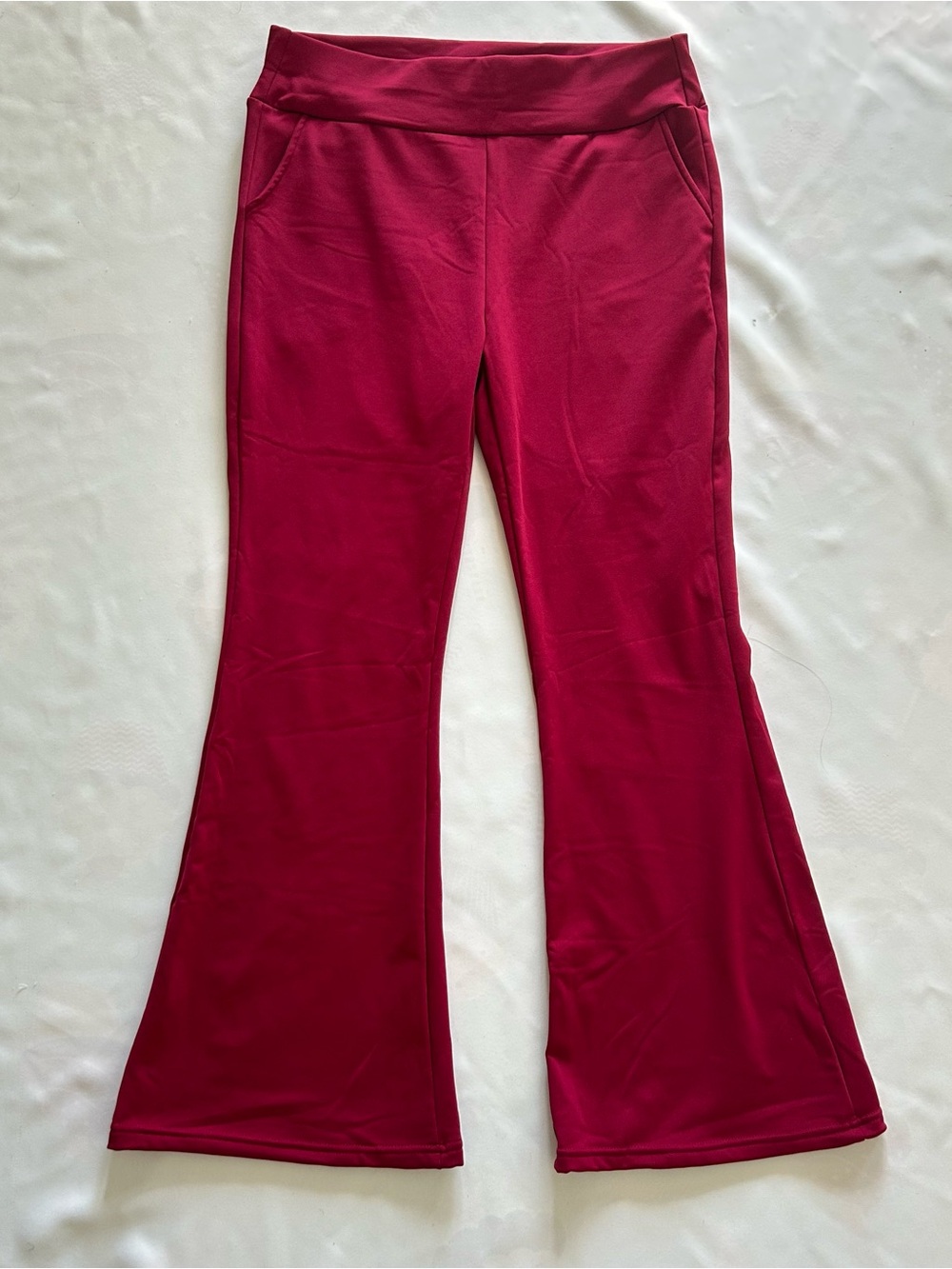 NWOT XL Red Burgundy Retro Style Flare Pants Athleisure Flat Front Maroon Pocket